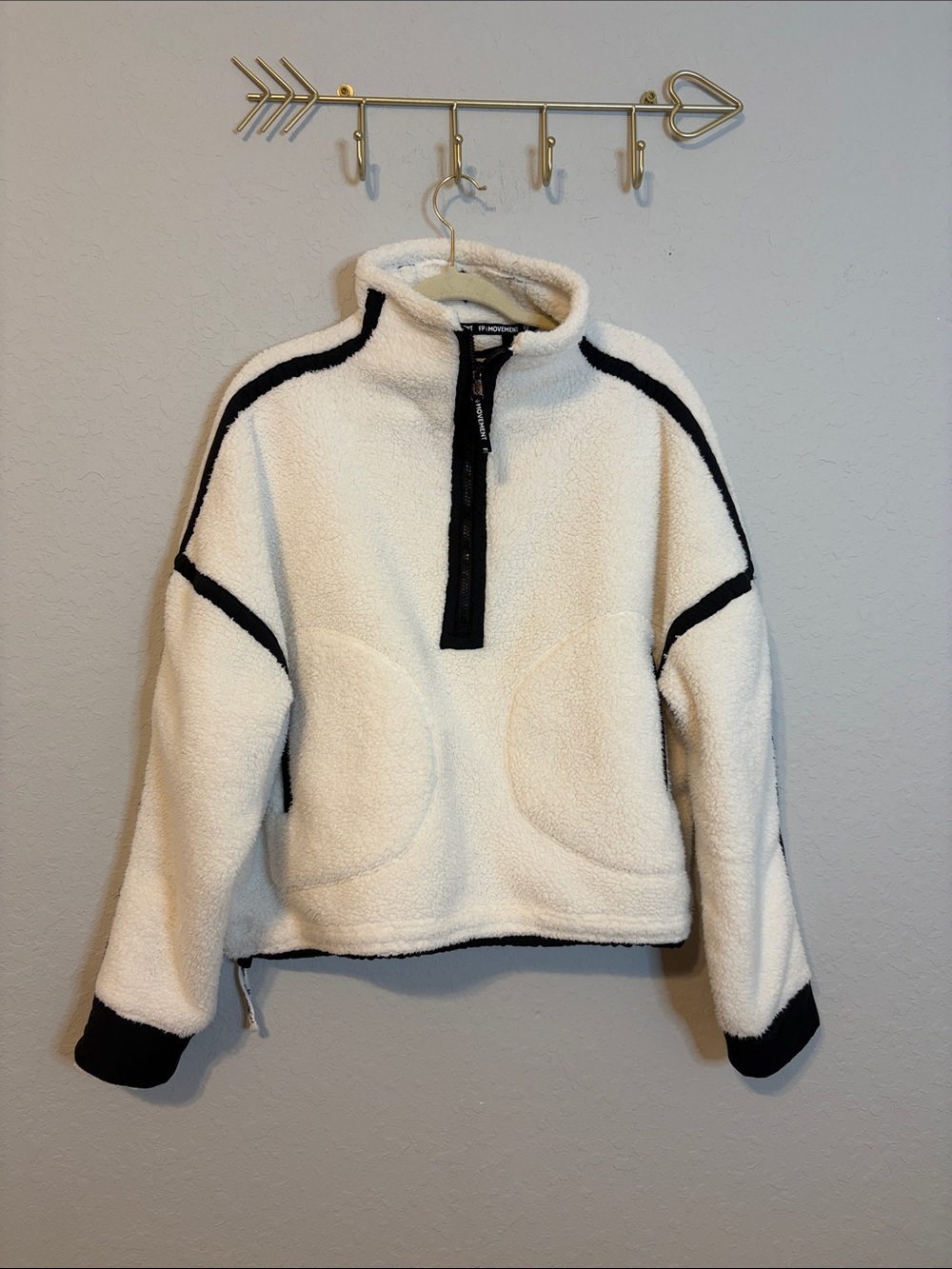 Free People FP Movement Sherpa Half-Zip Pullover Ivory Black Size Large